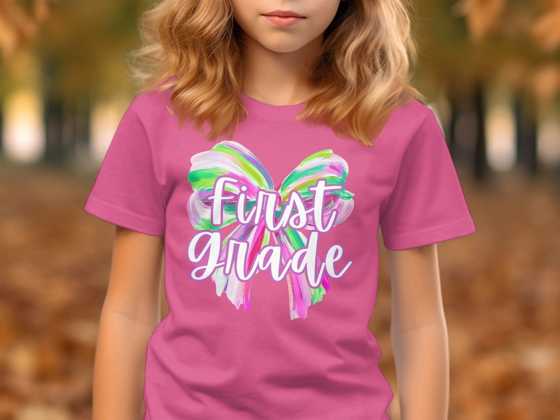 Jen Peete Designs Youth Clothing First Grade  Colorful Brush Strokes Bow Back to School T-Shirt
