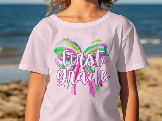Jen Peete Designs Youth Clothing First Grade  Colorful Brush Strokes Bow Back to School T-Shirt
