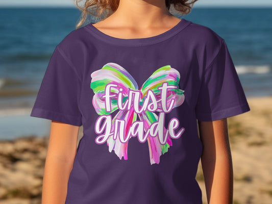 Jen Peete Designs Youth Clothing First Grade  Colorful Brush Strokes Bow Back to School T-Shirt