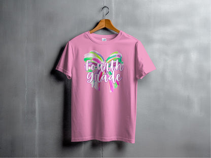 Jen Peete Designs Youth Clothing Fourth Grade Colorful Brush Strokes Bow Back to School T-Shirt