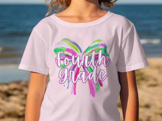 Jen Peete Designs Youth Clothing Fourth Grade Colorful Brush Strokes Bow Back to School T-Shirt