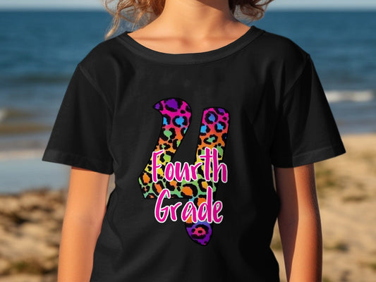 Jen Peete Designs Youth Clothing Leopard Print Back to School 4th Grade Graphic T-Shirts