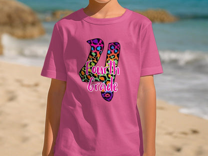 Jen Peete Designs Youth Clothing Leopard Print Back to School 4th Grade Graphic T-Shirts