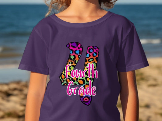 Jen Peete Designs Youth Clothing Leopard Print Back to School 4th Grade Graphic T-Shirts