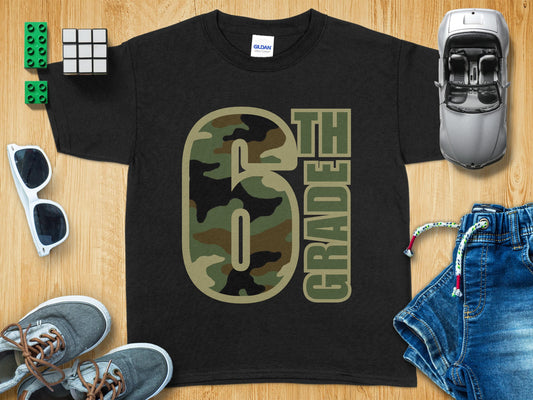Jen Peete Designs Youth Clothing Sixth Grade Camouflage Back to School T-Shirt