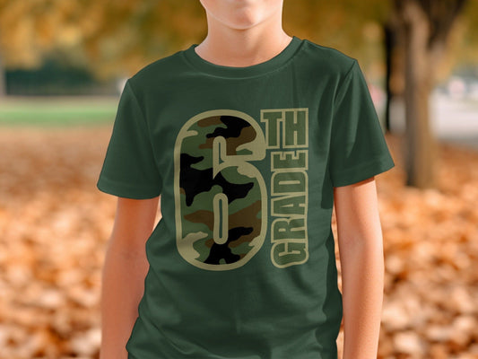 Jen Peete Designs Youth Clothing Sixth Grade Camouflage Back to School T-Shirt