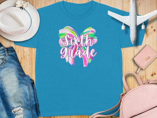 Jen Peete Designs Youth Clothing Sixth Grade Colorful Brush Strokes Bow Back to School T-Shirt