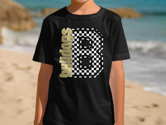 Jen Peete Designs Youth Clothing Youth Block Lettered Bulldogs Spirit Shirt with Checkered B