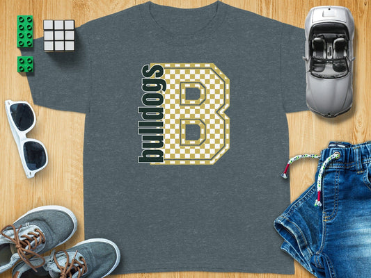 Jen Peete Designs Youth Clothing Youth Block Lettered Bulldogs Spirit Shirt with Gold Checkered B
