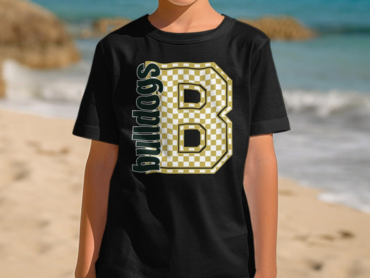 Jen Peete Designs Youth Clothing Youth Block Lettered Bulldogs Spirit Shirt with Gold Checkered B