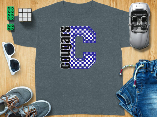 Jen Peete Designs Youth Clothing Youth Block Lettered Cougars Spirit Shirt with Blue Checkered C
