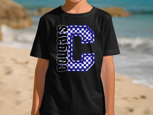 Jen Peete Designs Youth Clothing Youth Block Lettered Cougars Spirit Shirt with Blue Checkered C