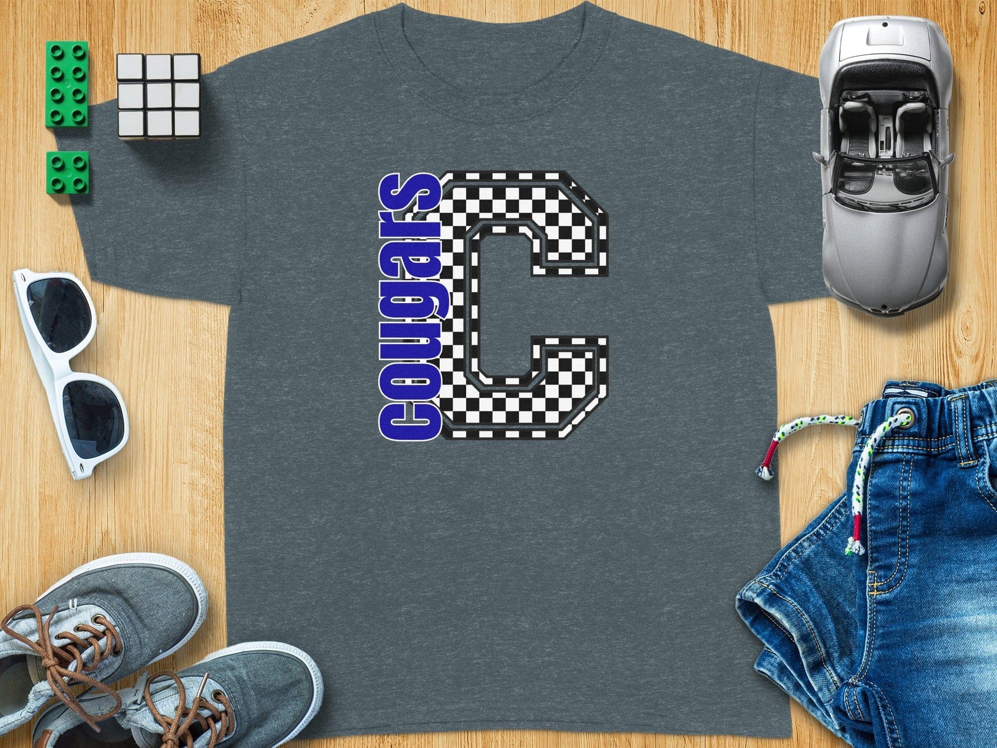 Jen Peete Designs Youth Clothing Youth Block Lettered Cougars Spirit Shirt with Checkered C