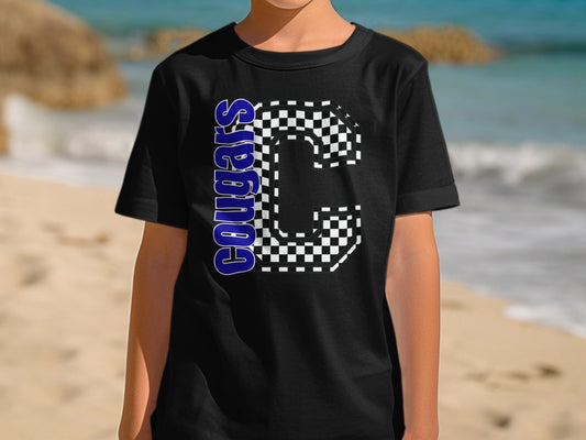Jen Peete Designs Youth Clothing Youth Block Lettered Cougars Spirit Shirt with Checkered C