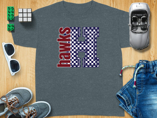 Jen Peete Designs Youth Clothing Youth Block Lettered Hawks Spirit Shirt with Blue Checkered H