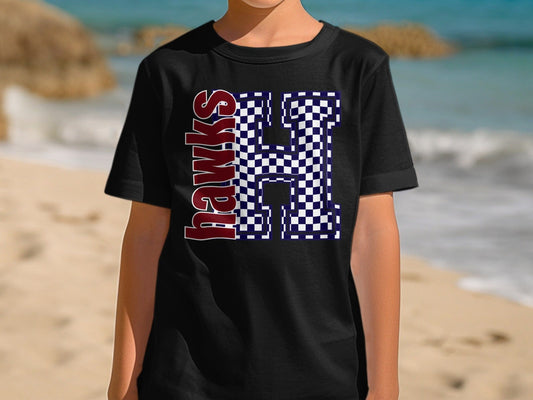 Jen Peete Designs Youth Clothing Youth Block Lettered Hawks Spirit Shirt with Blue Checkered H