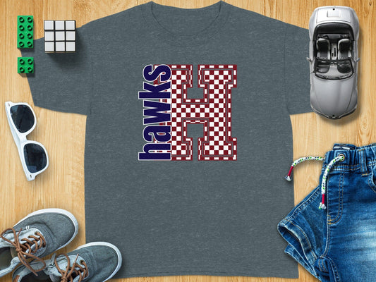 Jen Peete Designs Youth Clothing Youth Block Lettered Hawks Spirit Shirt with Red Checkered H
