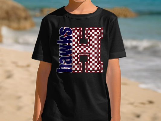 Jen Peete Designs Youth Clothing Youth Block Lettered Hawks Spirit Shirt with Red Checkered H