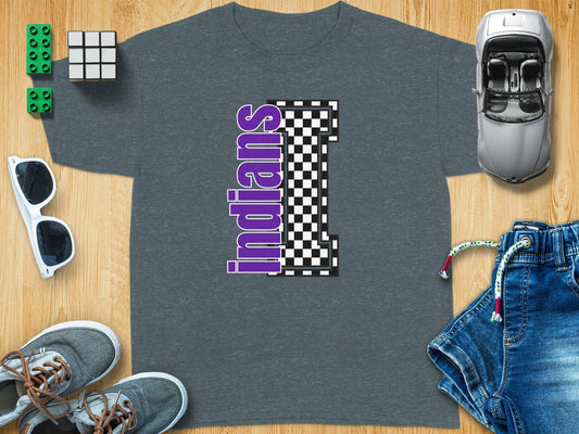 Jen Peete Designs Youth Clothing Youth Block Lettered Indians Spirit Shirt with Checkered I