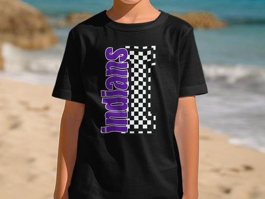 Jen Peete Designs Youth Clothing Youth Block Lettered Indians Spirit Shirt with Checkered I