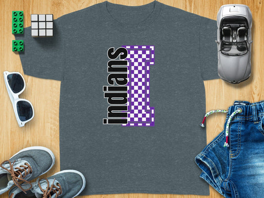 Jen Peete Designs Youth Clothing Youth Block Lettered Indians Spirit Shirt with Purple Checkered I