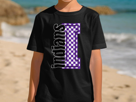 Jen Peete Designs Youth Clothing Youth Block Lettered Indians Spirit Shirt with Purple Checkered I
