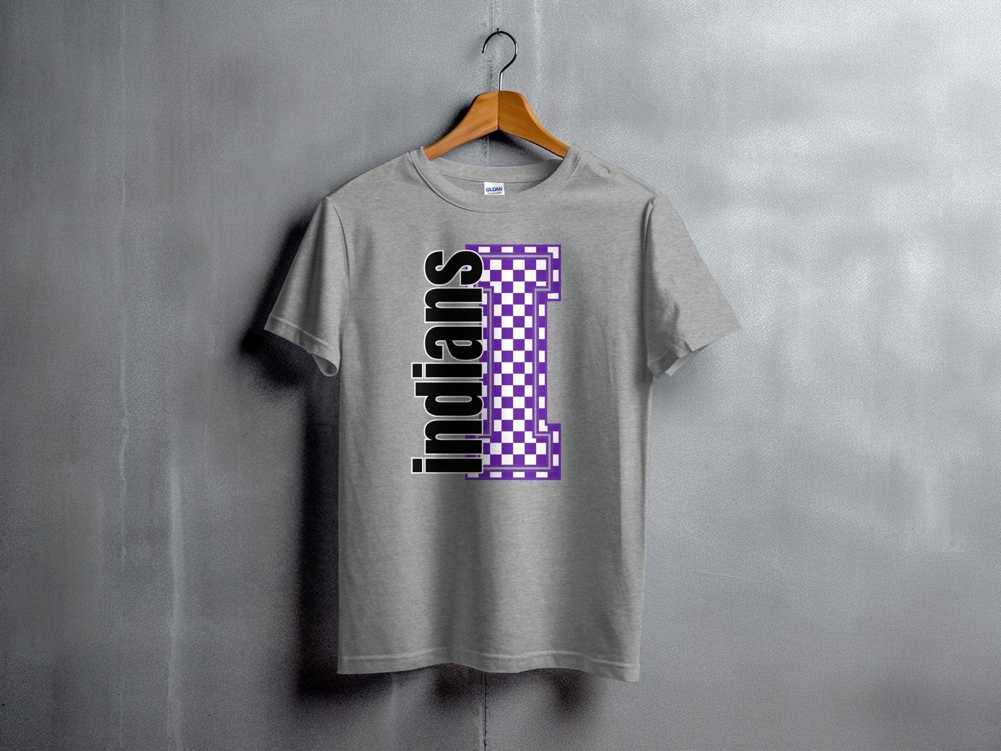 Jen Peete Designs Youth Clothing Youth Block Lettered Indians Spirit Shirt with Purple Checkered I