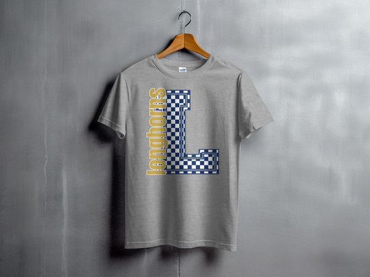 Jen Peete Designs Youth Clothing Youth Block Lettered Longhorns Spirit Shirt with Blue Checkered L