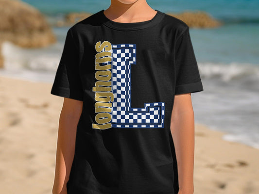 Jen Peete Designs Youth Clothing Youth Block Lettered Longhorns Spirit Shirt with Blue Checkered L