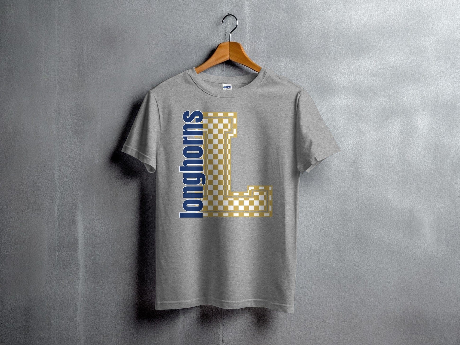Jen Peete Designs Youth Clothing Youth Block Lettered Longhorns Spirit Shirt with Gold Checkered L