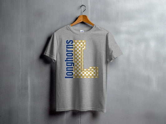 Jen Peete Designs Youth Clothing Youth Block Lettered Longhorns Spirit Shirt with Gold Checkered L