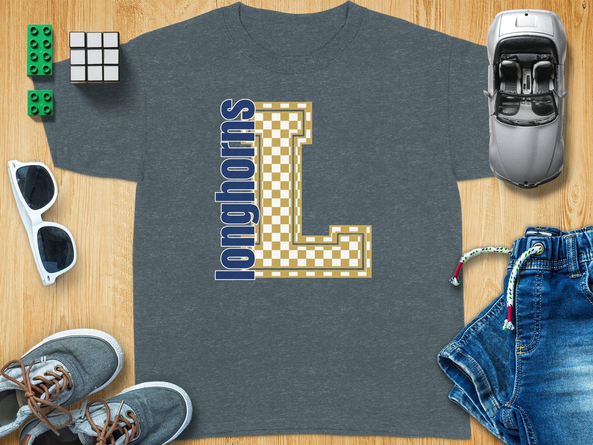 Jen Peete Designs Youth Clothing Youth Block Lettered Longhorns Spirit Shirt with Gold Checkered L