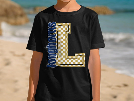 Jen Peete Designs Youth Clothing Youth Block Lettered Longhorns Spirit Shirt with Gold Checkered L