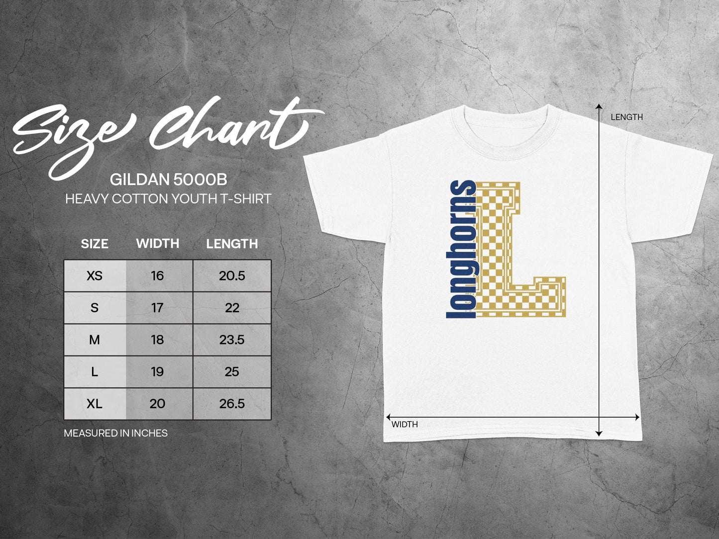 Jen Peete Designs Youth Clothing Youth Block Lettered Longhorns Spirit Shirt with Gold Checkered L