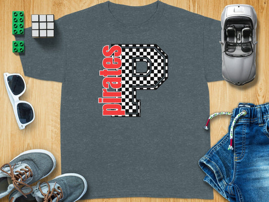 Jen Peete Designs Youth Clothing Youth Block Lettered Pirates Spirit Shirt with Checkered P