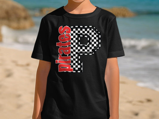 Jen Peete Designs Youth Clothing Youth Block Lettered Pirates Spirit Shirt with Checkered P