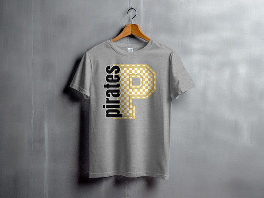 Jen Peete Designs Youth Clothing Youth Block Lettered Pirates Spirit Shirt with Gold Checkered P