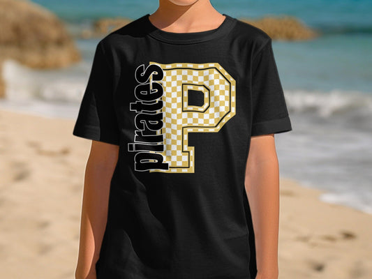 Jen Peete Designs Youth Clothing Youth Block Lettered Pirates Spirit Shirt with Gold Checkered P