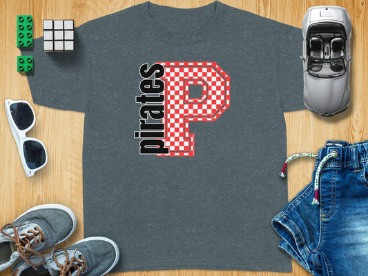 Jen Peete Designs Youth Clothing Youth Block Lettered Pirates Spirit Shirt with Red Checkered P