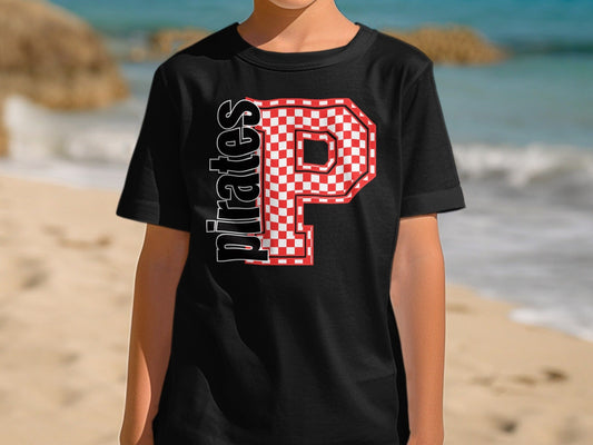 Jen Peete Designs Youth Clothing Youth Block Lettered Pirates Spirit Shirt with Red Checkered P