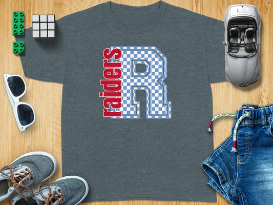 Jen Peete Designs Youth Clothing Youth Block Lettered Raiders Spirit Shirt with Blue Checkered R