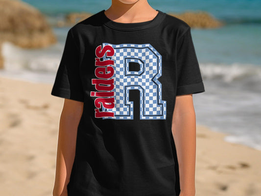 Jen Peete Designs Youth Clothing Youth Block Lettered Raiders Spirit Shirt with Blue Checkered R