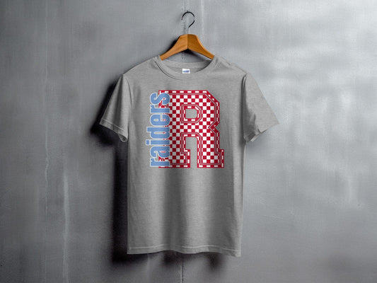 Jen Peete Designs Youth Clothing Youth Block Lettered Raiders Spirit Shirt with Red Checkered R