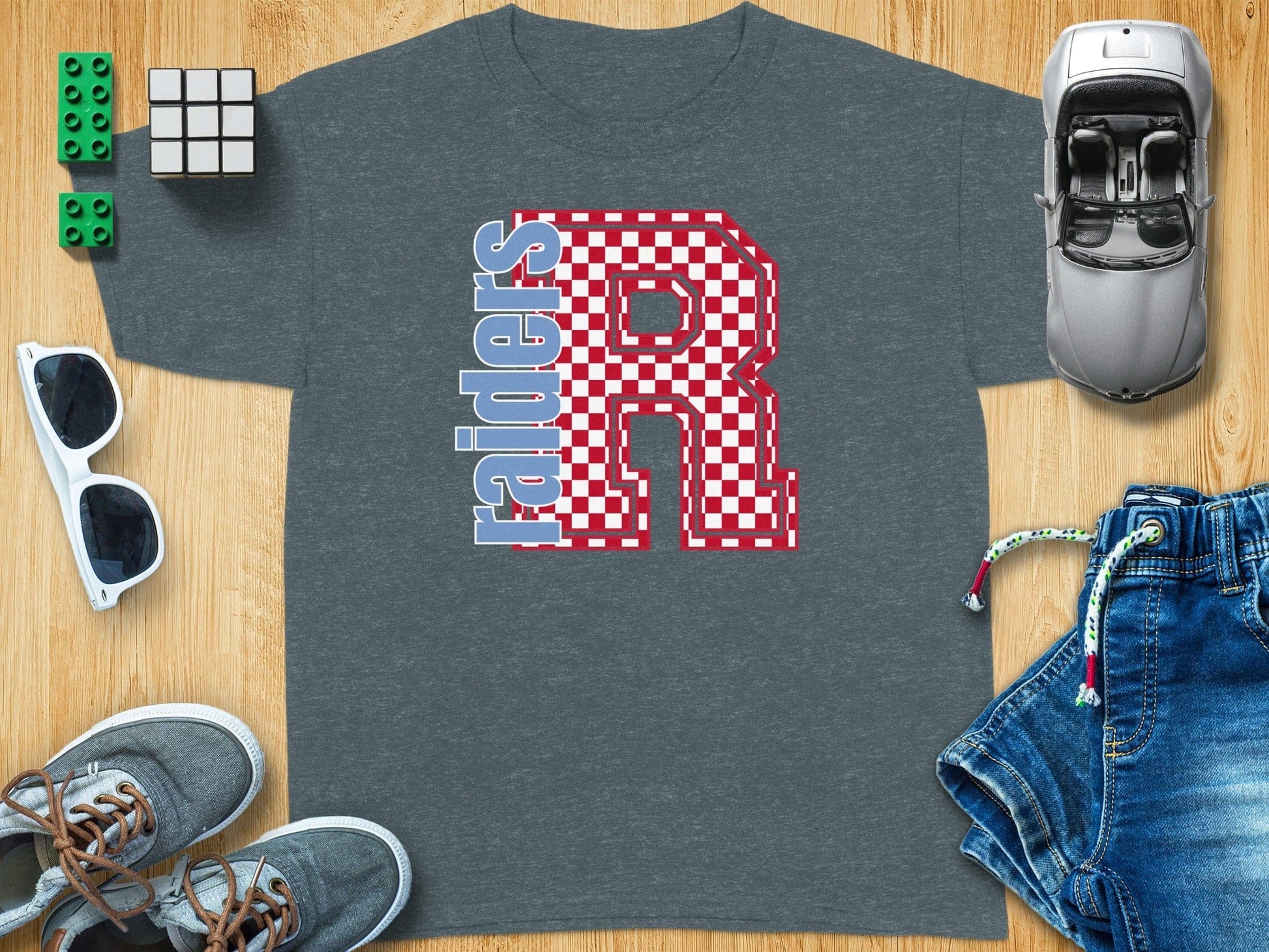 Jen Peete Designs Youth Clothing Youth Block Lettered Raiders Spirit Shirt with Red Checkered R
