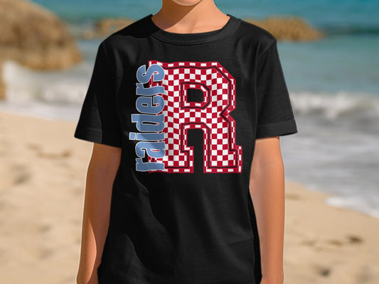Jen Peete Designs Youth Clothing Youth Block Lettered Raiders Spirit Shirt with Red Checkered R
