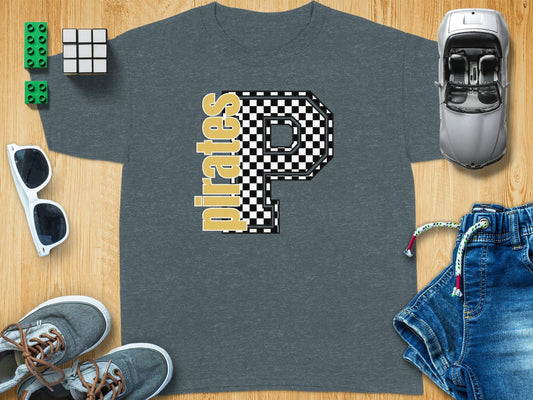 Jen Peete Designs Youth Clothing Youth Gold Block Lettered Pirates Spirit Shirt with Checkered P